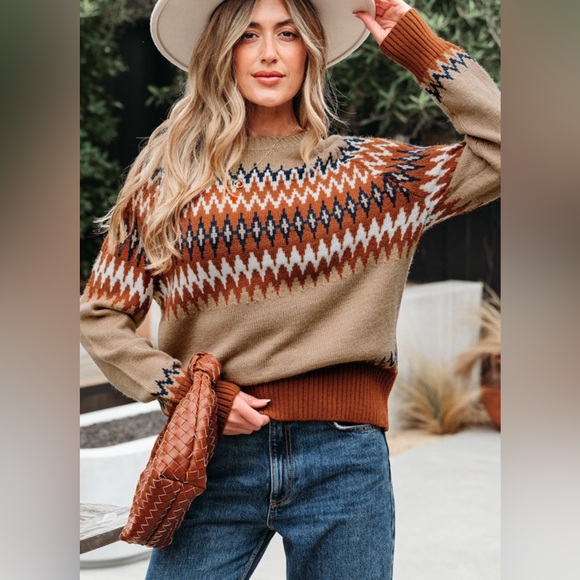 Willow & Wren Boutique Sweaters - NEW Aztec ❤️ Geometric Patterned Sweater - Khaki, Brown, boho, free people vibes